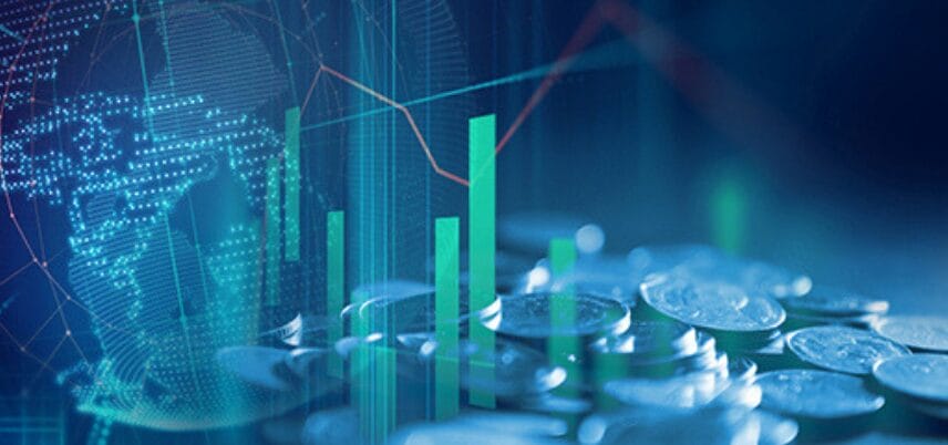 Image showing some currency coins and a world map.