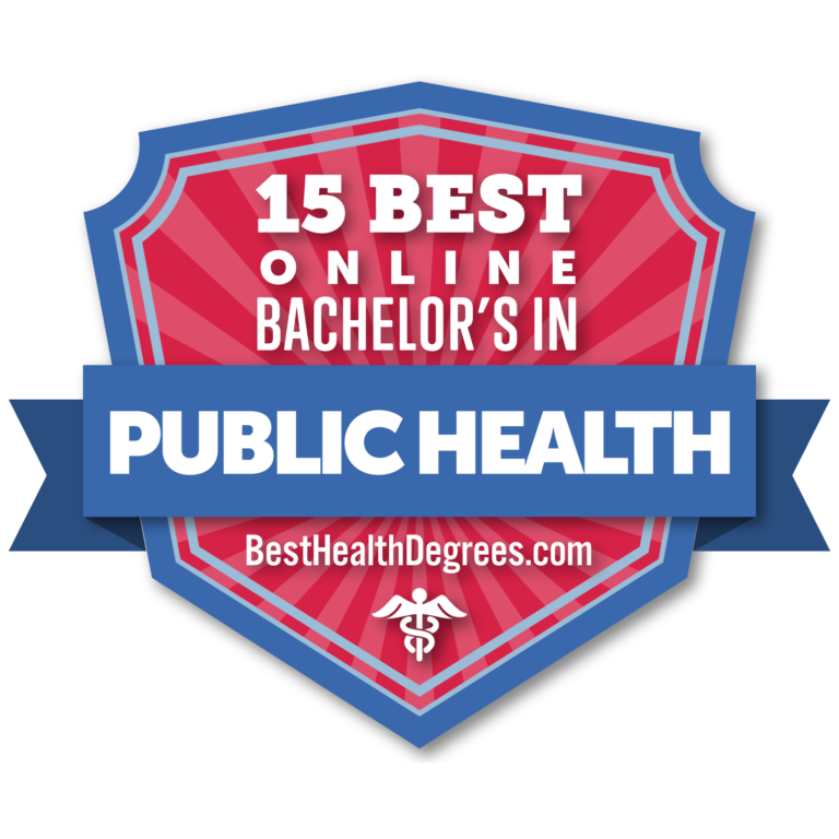 Badge icon from BestHealthDegrees.com recognizing the 15 best online bachelor's in public health.
