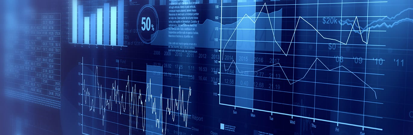 Digital dashboard displaying analytics charts, financial graphs, and data visualization elements in blue tones.