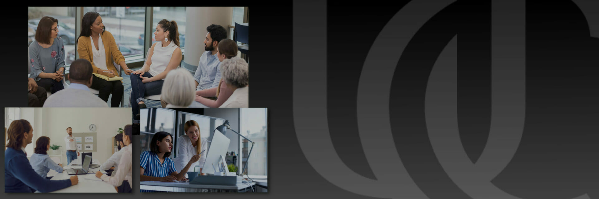 Masters in Community Health students and professors collaborating in a collage of UC classroom settings.