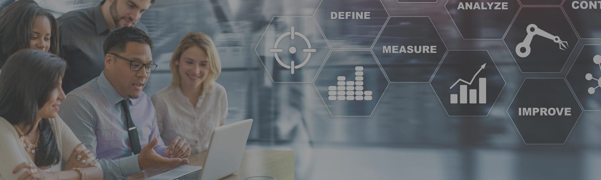 Business professionals collaborating on a laptop with overlay graphics showing process improvement stages such as define, measure, analyze, and improve.