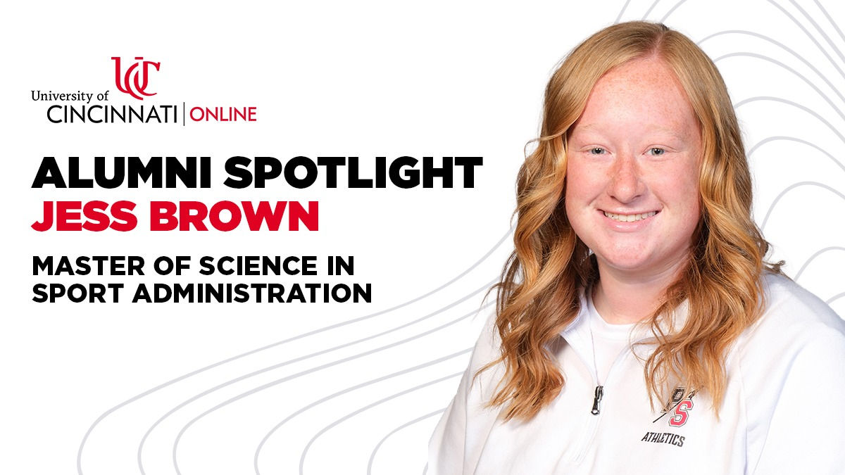 A redhead woman in a white polo shirt smiles against a solid white background. Text on the image reads "Alumni Spotlight. Jess Brown. Master of Science in Sport Administration."