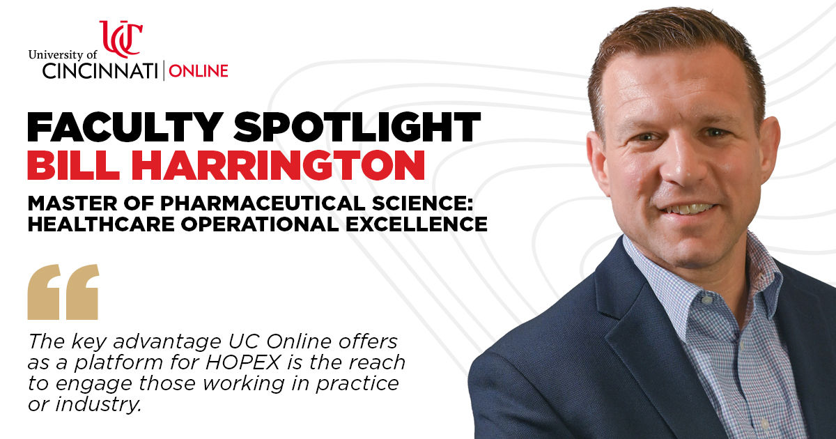 A headshot of a white man in a navy blazer. He's in front of a white background that reads "Faculty Spotlight Bill Harrington."