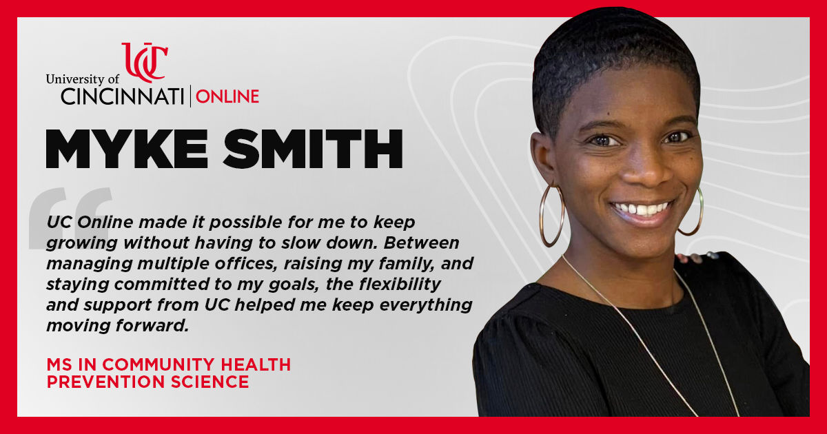 A woman smiles in her headshot against a light background. The image says her name is Myke Smith and includes a quote about her positive experience at UC Online.