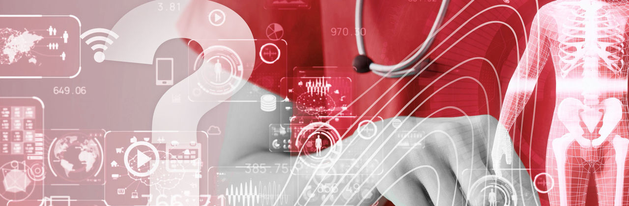 A transparent collage of red and white symbols related to nursing are in front of a nurse. Only their torso is visible, but they wear a red shirt and a stetheschope around their neck. 