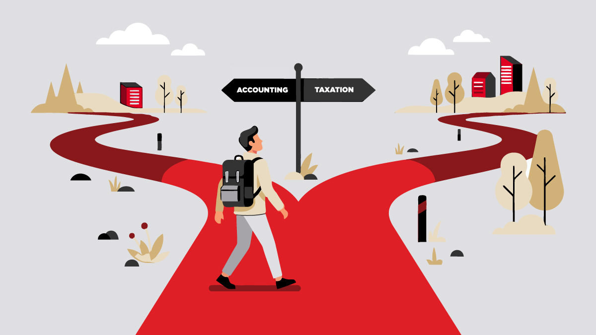 A cartoon graphic of a student wearing a backpack at a fork in the road. A sign points in two directions: on the left, "accounting"; on the right, "taxation." The student is unsure of which path to take. On the horizon are trees and red buildings.