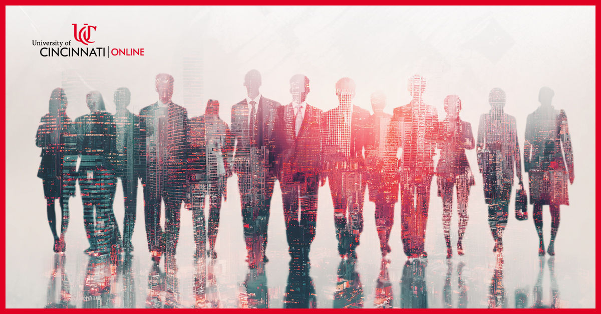The outlines of thirteen men and women in business clothes are juxtaposed against a city skyline. 