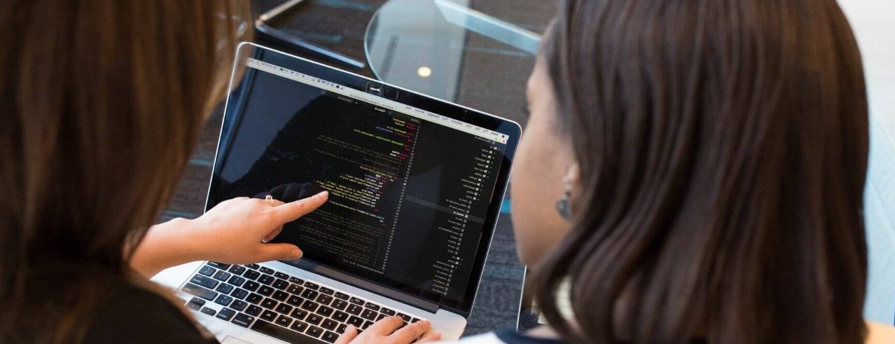 IT professional teaching code to a student on a laptop.