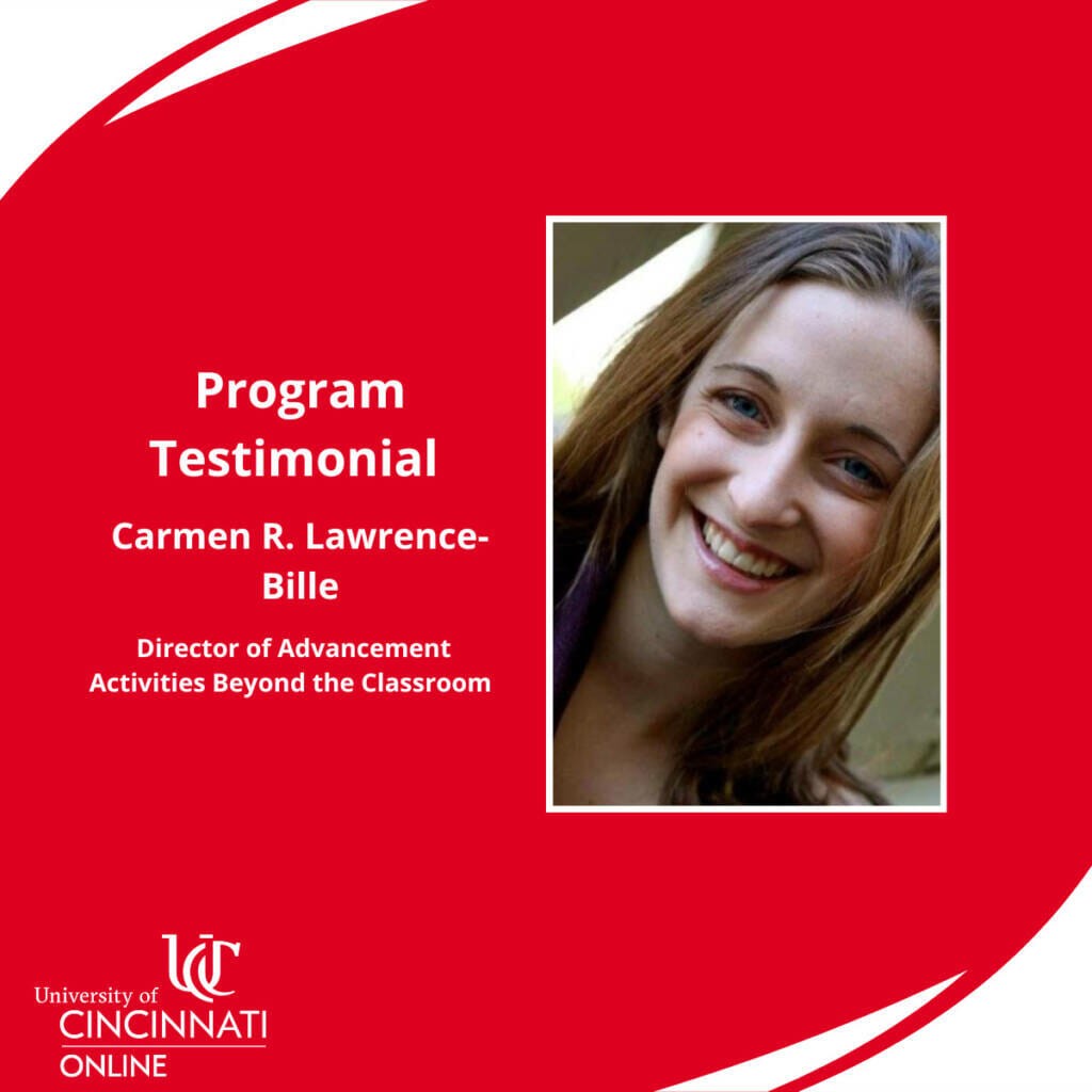 A Sport Administration testimonial graphic with an image of a smiling student, Carmen, taking a selfie. Accompanying text reads: Program Testimonial. Carmen R. Lawrence-Bille. Director of Advancement Beyond the Classroom.