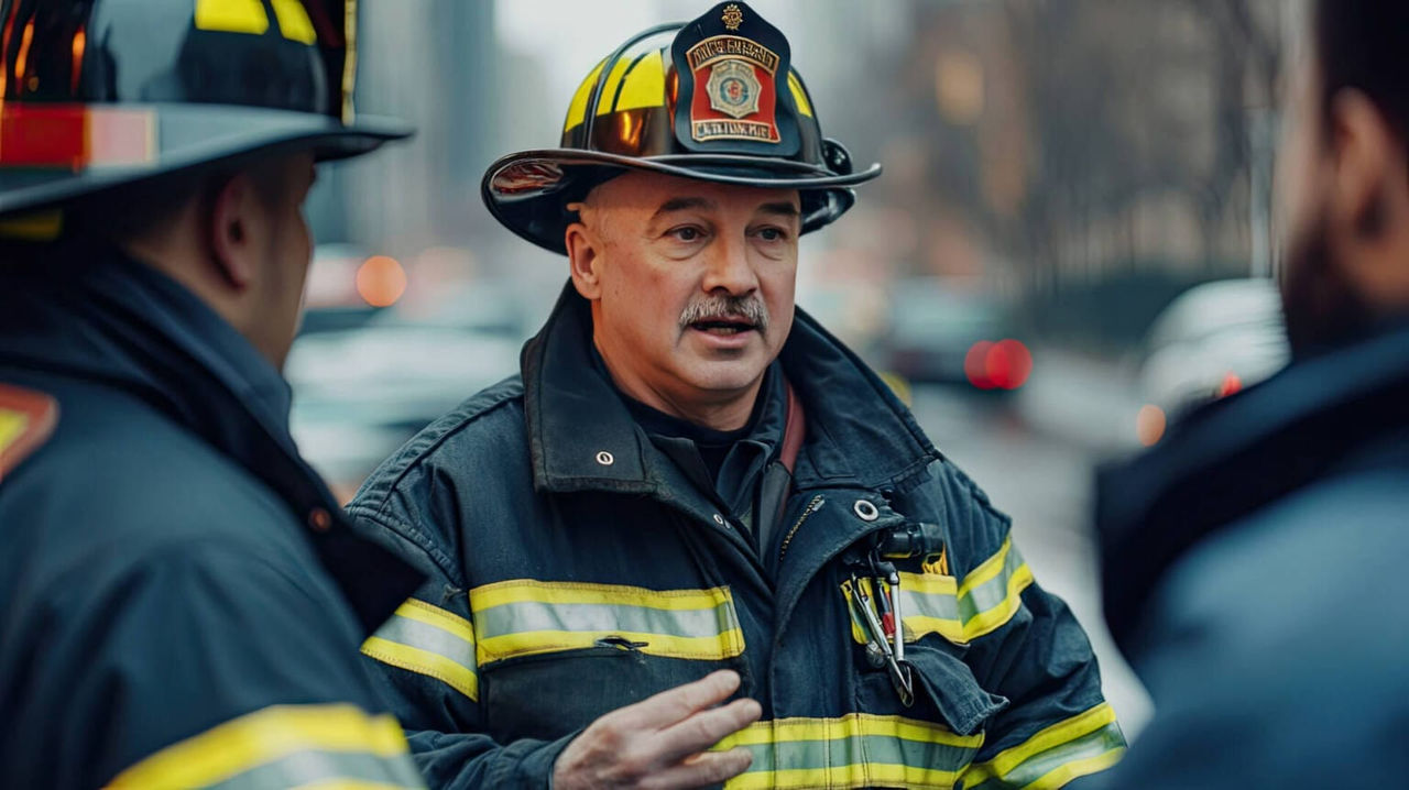 A fire chief wearing a black helmet with yellow markings and a department badge stands outdoors speaking to two firefighters. He is dressed in a heavy, dark fire-rescue coat with reflective yellow stripes and holds one hand raised as he gives instructions. The background shows a blurred city street with emergency lights and vehicles.