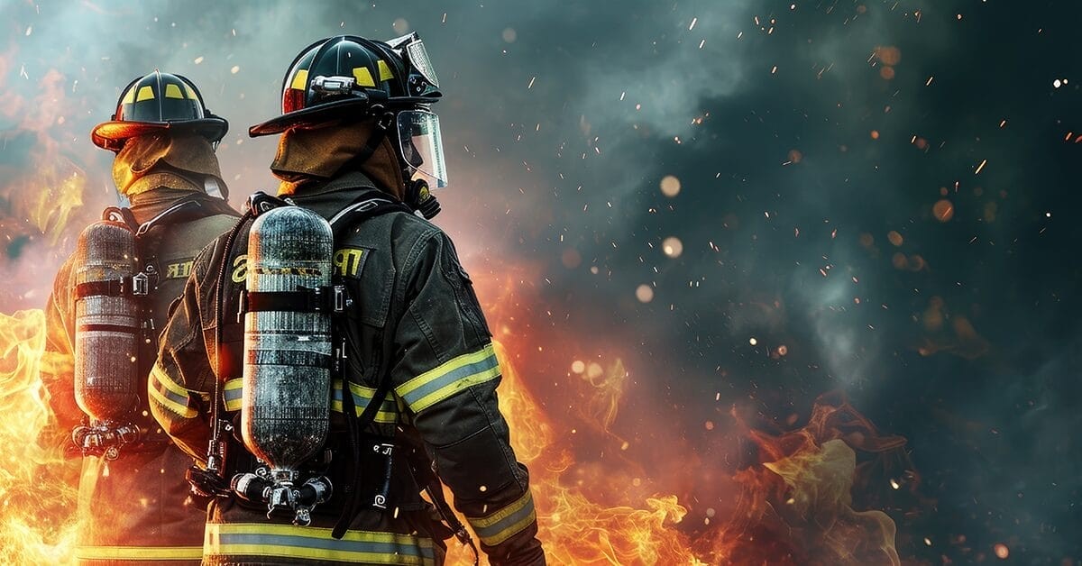 Two firefighters trying to put out a fire.